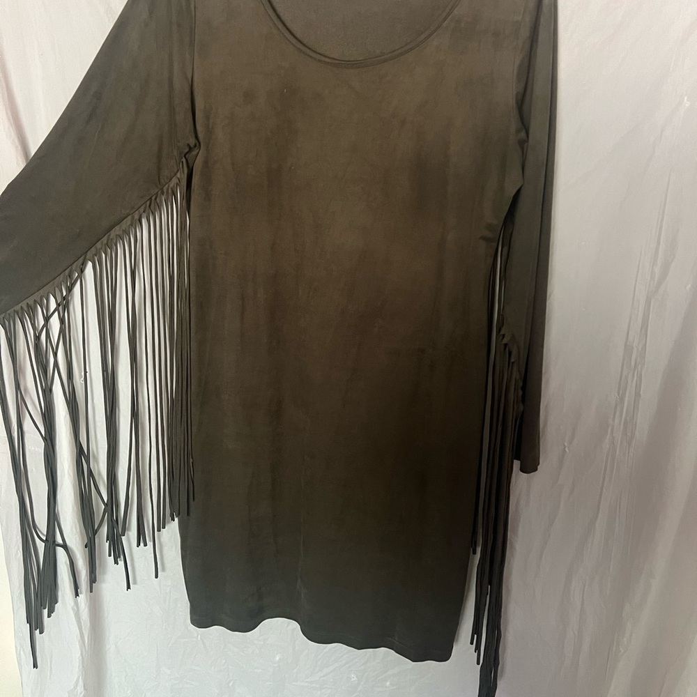 Sexy Diva faux suede dress with fringe sleeves size 3XL army green stretch